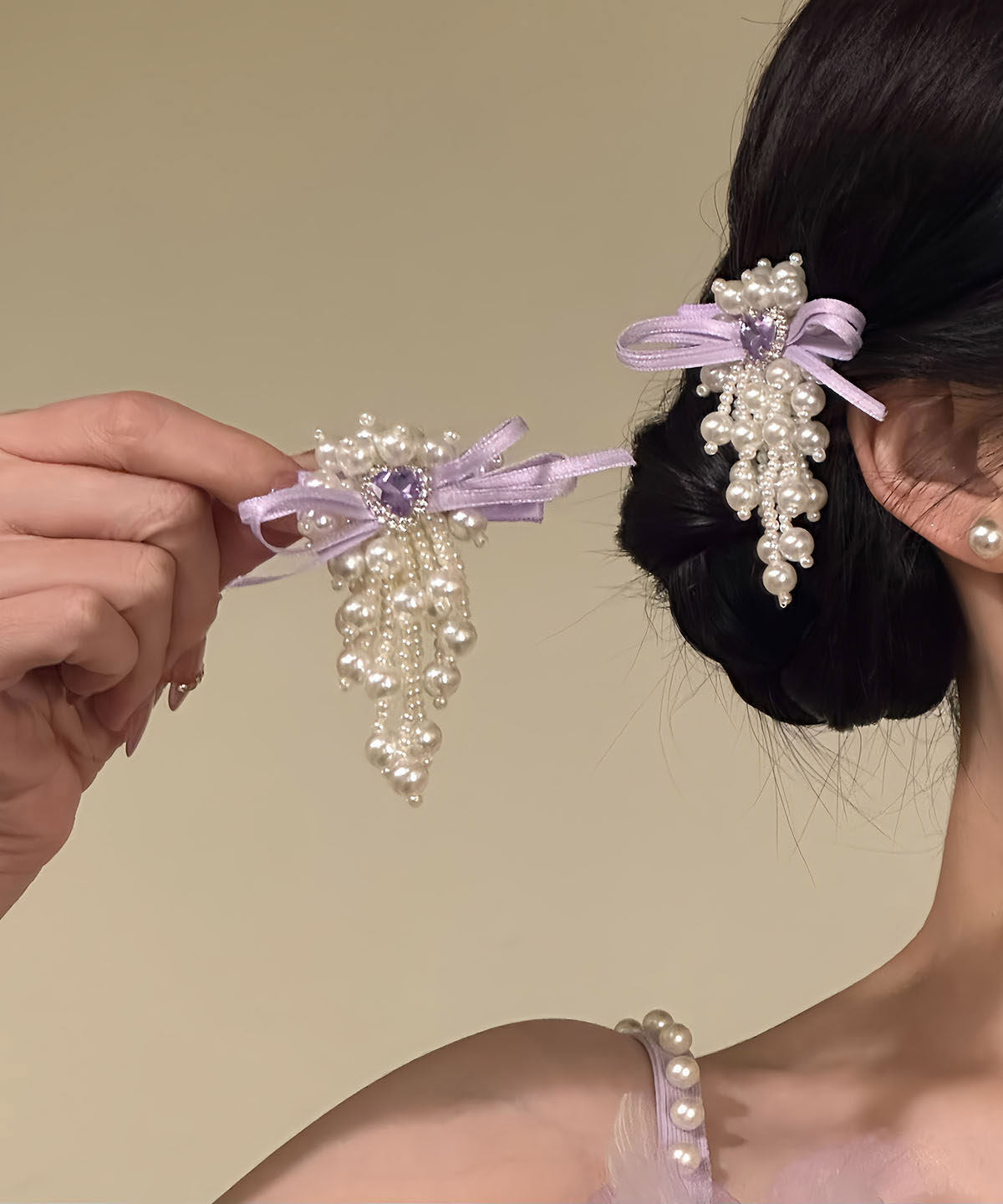 Original Design Purple Cloth Zircon Pearl Bow Hairpin
