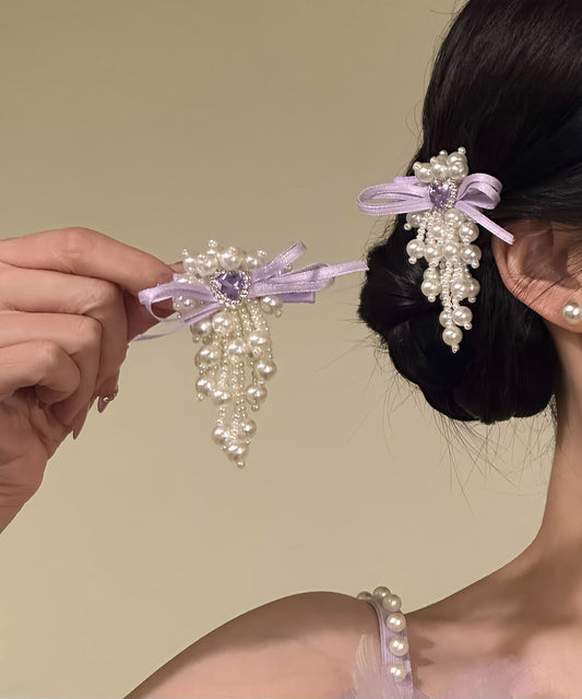 Original Design Purple Cloth Zircon Pearl Bow Hairpin