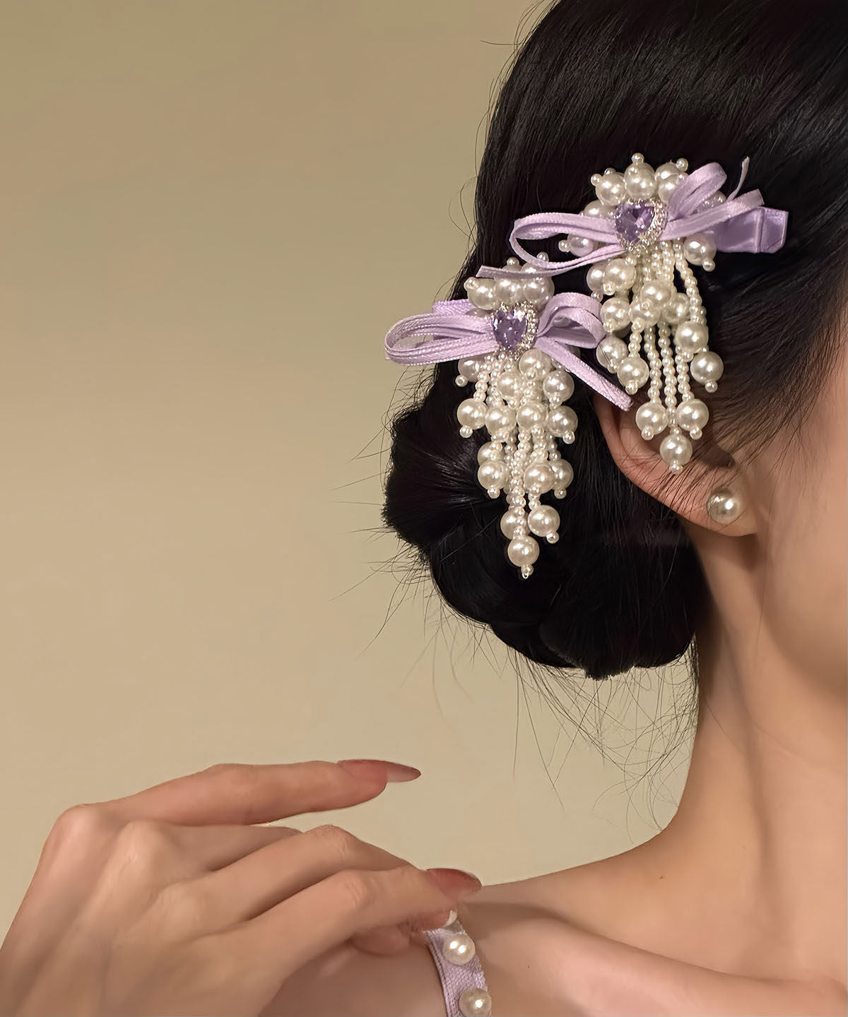 Original Design Purple Cloth Zircon Pearl Bow Hairpin