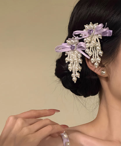 Original Design Purple Cloth Zircon Pearl Bow Hairpin