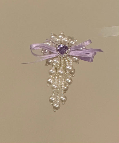 Original Design Purple Cloth Zircon Pearl Bow Hairpin