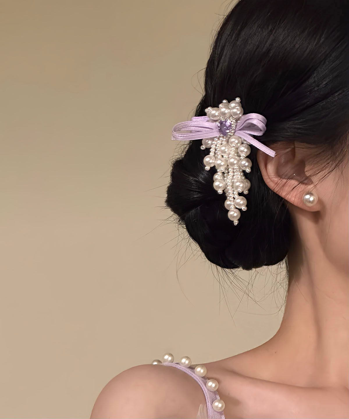 Original Design Purple Cloth Zircon Pearl Bow Hairpin