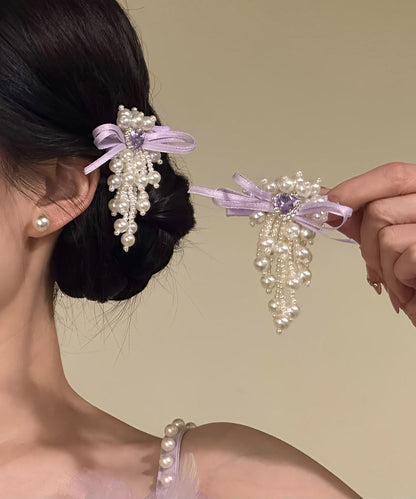 Original Design Purple Cloth Zircon Pearl Bow Hairpin