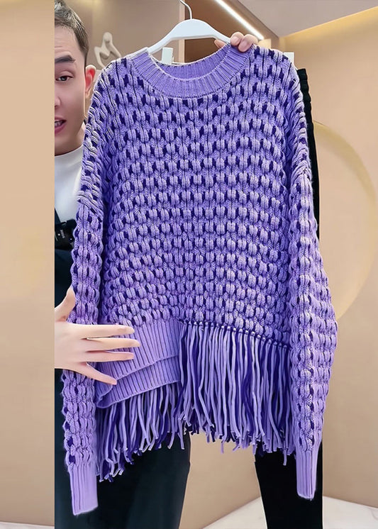 Original Design Purple Tassel Patchwork Hollow Out Cozy Cotton Knit Sweater Spring