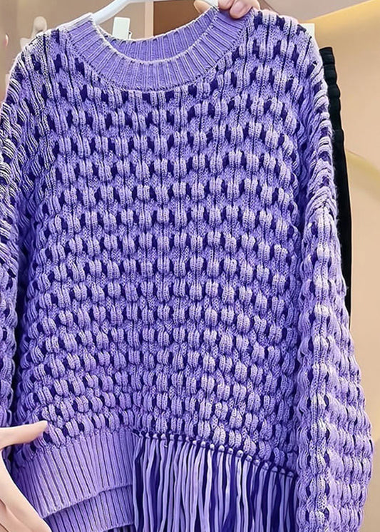 Original Design Purple Tassel Patchwork Hollow Out Cozy Cotton Knit Sweater Spring