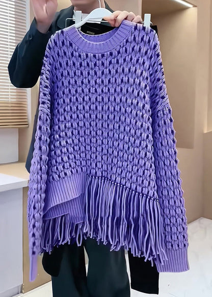 Original Design Purple Tassel Patchwork Hollow Out Cozy Cotton Knit Sweater Spring