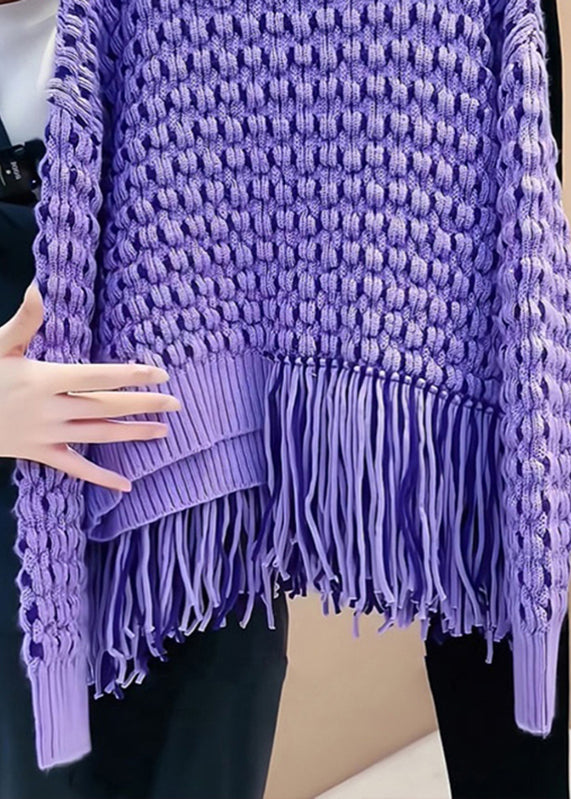 Original Design Purple Tassel Patchwork Hollow Out Cozy Cotton Knit Sweater Spring