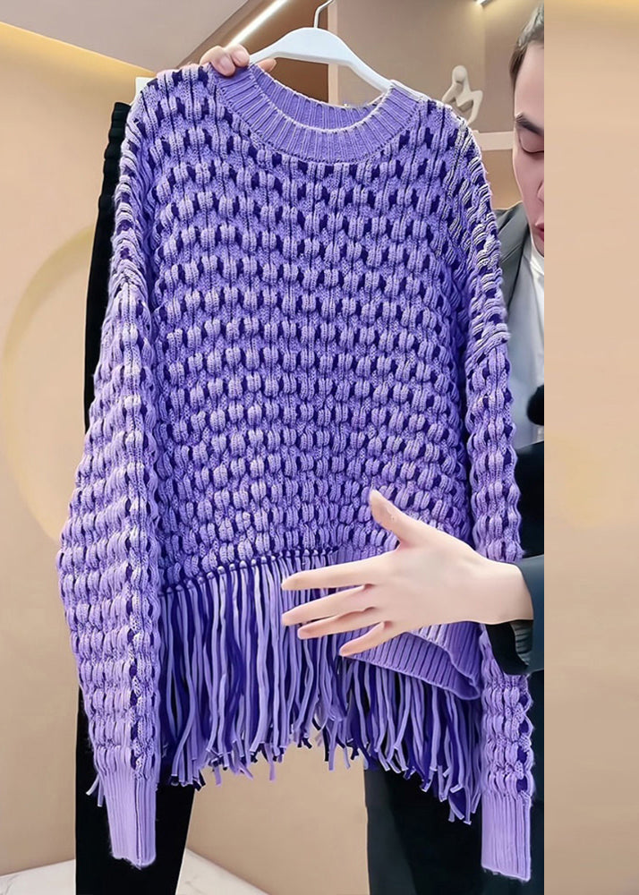 Original Design Purple Tassel Patchwork Hollow Out Cozy Cotton Knit Sweater Spring