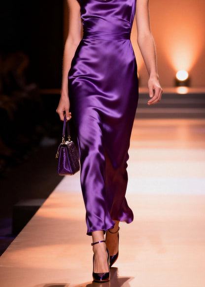 Original Design Purple V Neck Silk Long Dress Summer