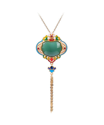 Original Design Rainbow Copper Overgild Jade Pearl Enamel Safety Lock Tassel Pendant Necklace