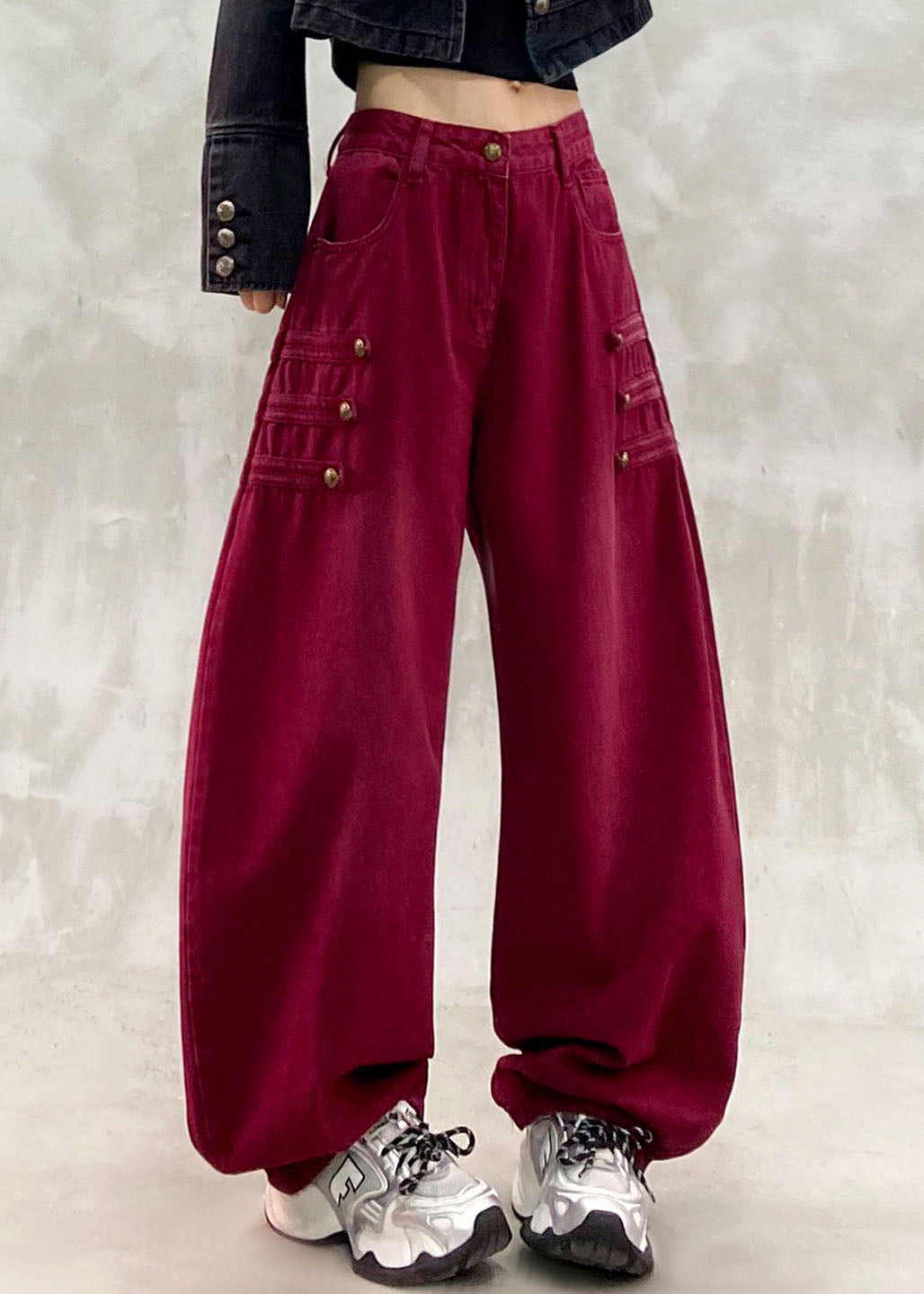 Original Design Red Patchwork Draping High Waist Wide Leg Jeans Fall