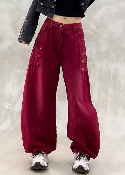 Original Design Red Patchwork Draping High Waist Wide Leg Jeans Fall