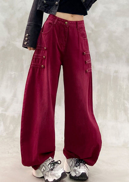 Original Design Red Patchwork Draping High Waist Wide Leg Jeans Fall