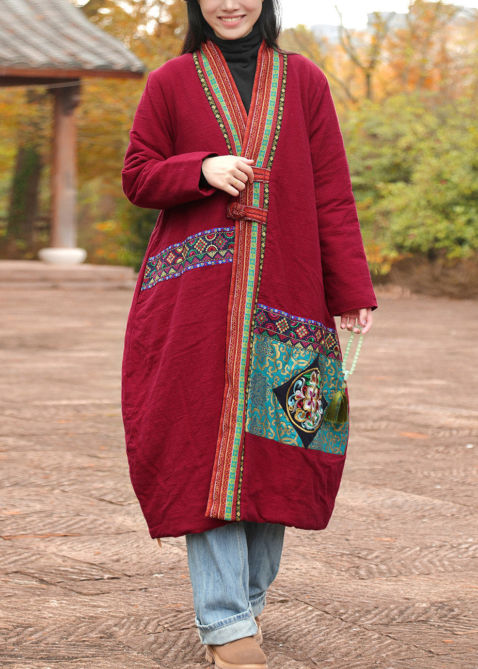 Original Design Red Patchwork Maxi Parka Winter