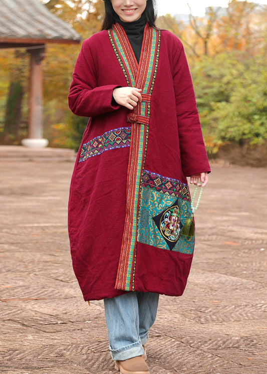 Original Design Red Patchwork Maxi Parka Winter
