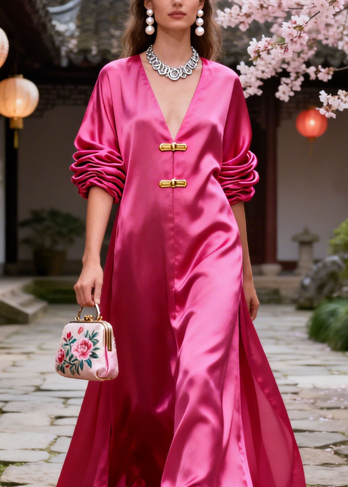 Original Design Rose V Neck Silk Long Dresses Summer