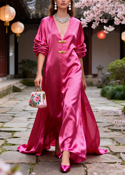 Original Design Rose V Neck Silk Long Dresses Summer