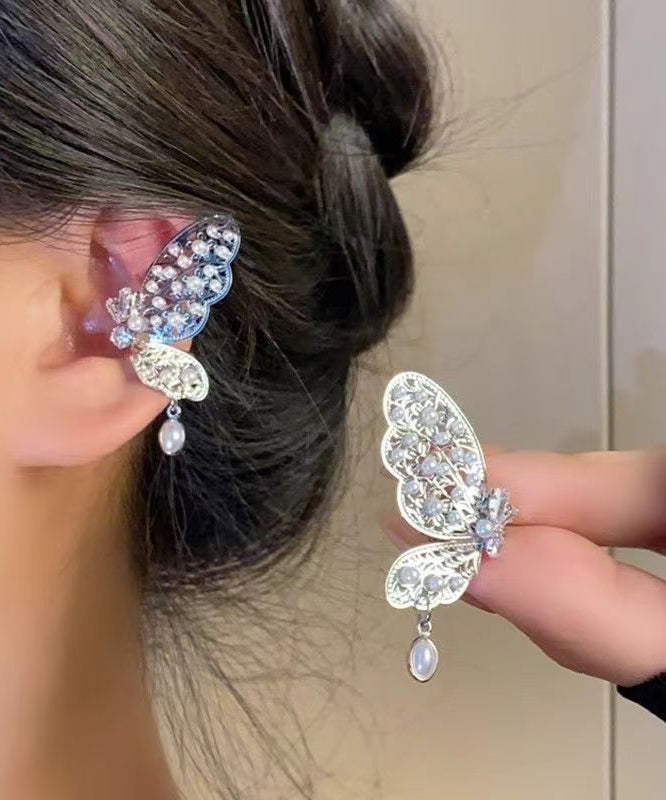 Original Design Silk Copper Overgild Zircon Pearl Hollow Out Butterfly Stud Earrings