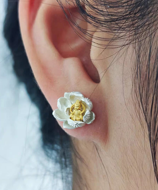 Original Design Silk Lotus Sees Buddha Silver Stud Earrings