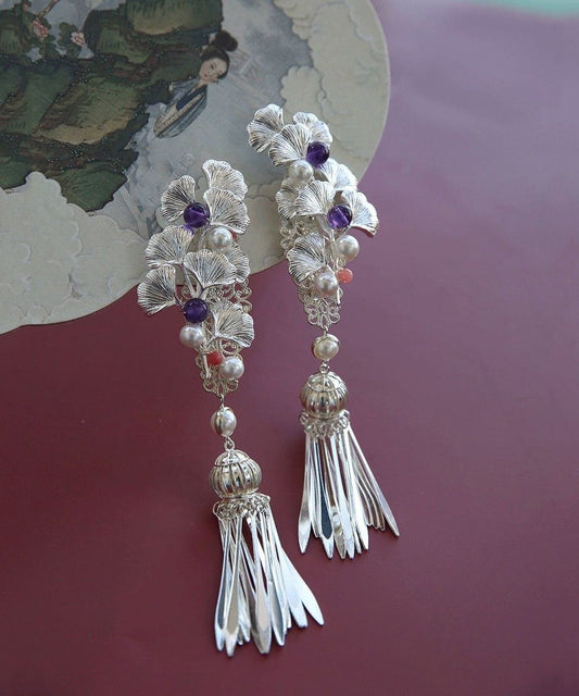 Original Design Silk Sterling Silver Ginkgo Tassel Hairpin