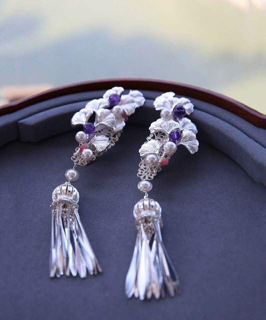 Original Design Silk Sterling Silver Ginkgo Tassel Hairpin
