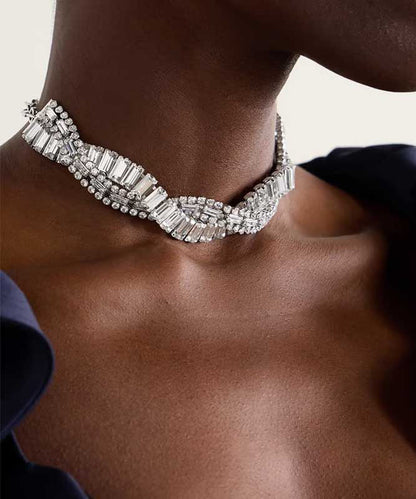Original Design Silvery Zircon Crossover Design Collar Necklace