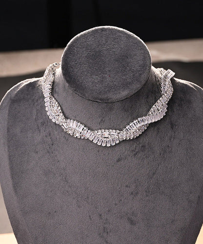 Original Design Silvery Zircon Crossover Design Collar Necklace