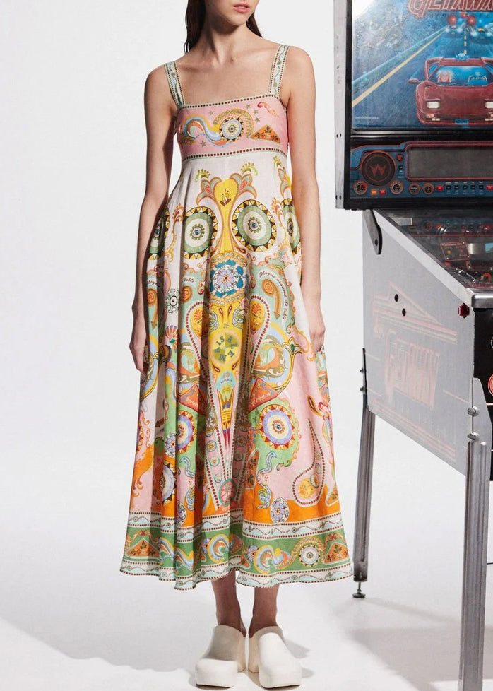 Original Design Slash Neck Print Long Spaghetti Strap Dresses Sleeveless