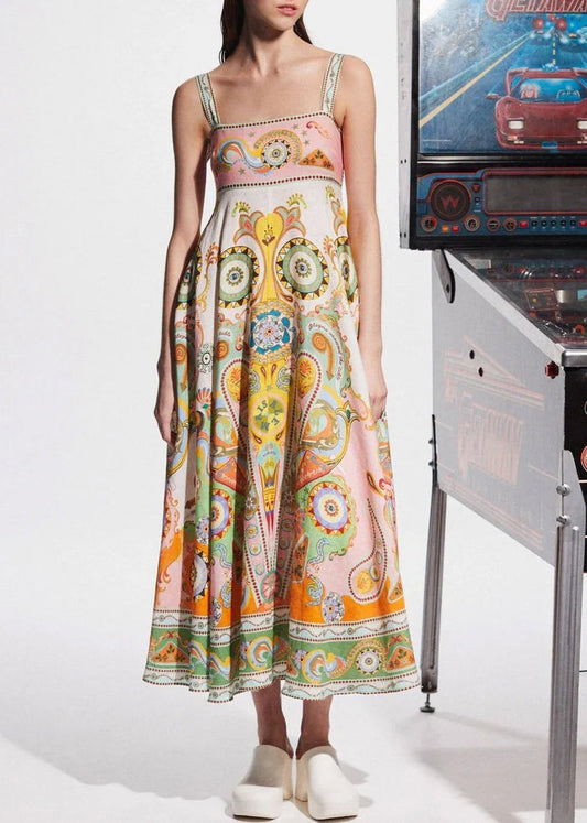 Original Design Slash Neck Print Long Spaghetti Strap Dresses Sleeveless