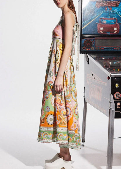 Original Design Slash Neck Print Long Spaghetti Strap Dresses Sleeveless