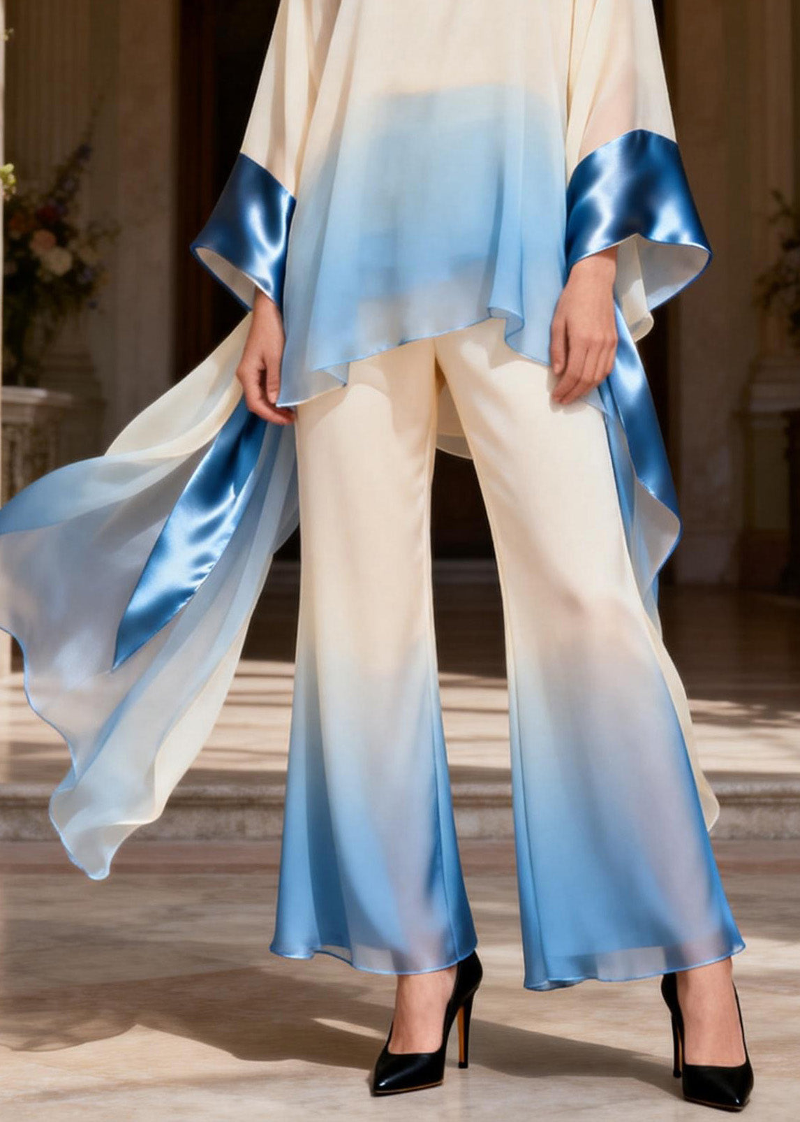 Original Design Stand Collar Patchwork Silk Two Pieces Set Spring
