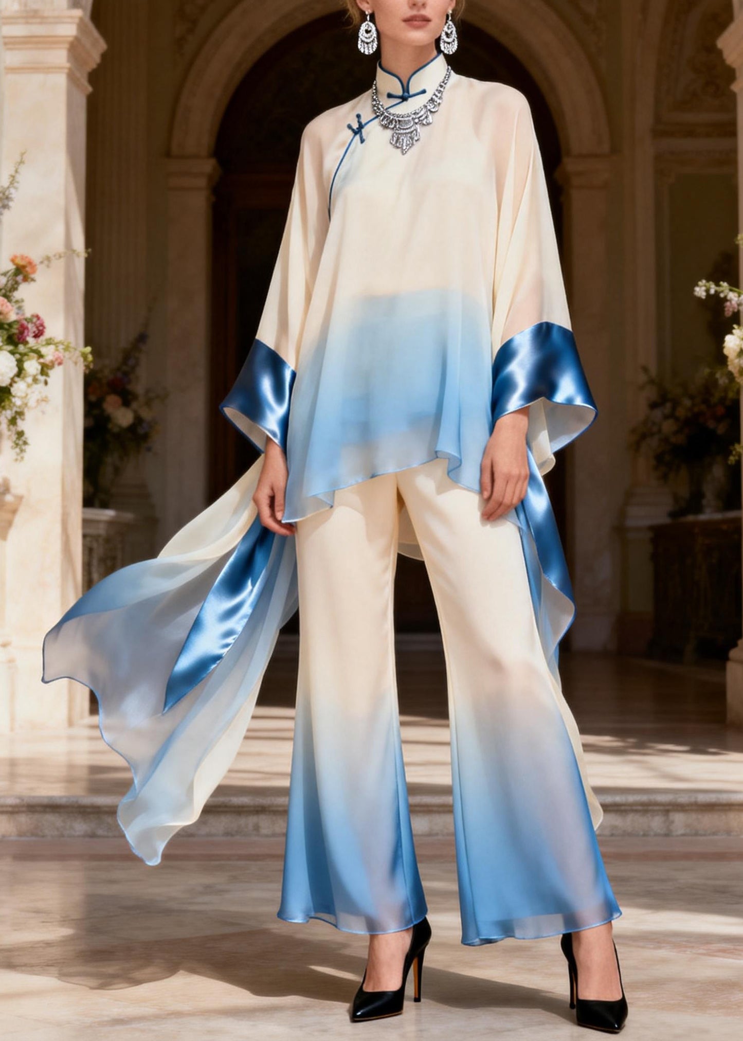 Original Design Stand Collar Patchwork Silk Two Pieces Set Spring