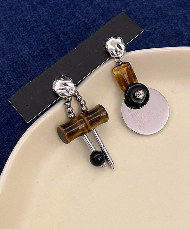 Original Design Sterling Silver Asymmetrical Bamboo Joint Drop Earrings