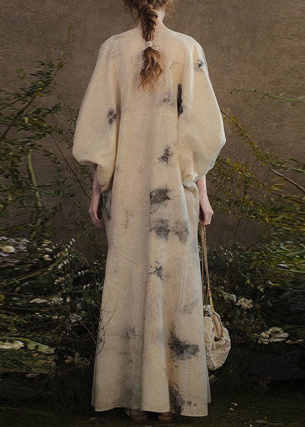 Original Design V Neck Print Patchwork Cotton Dresses Lantern Sleeve