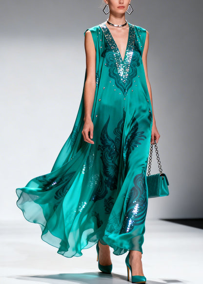 Original Design V Neck Print Zircon Chiffon Long Dress Sleeveless