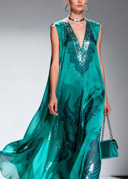 Original Design V Neck Print Zircon Chiffon Long Dress Sleeveless