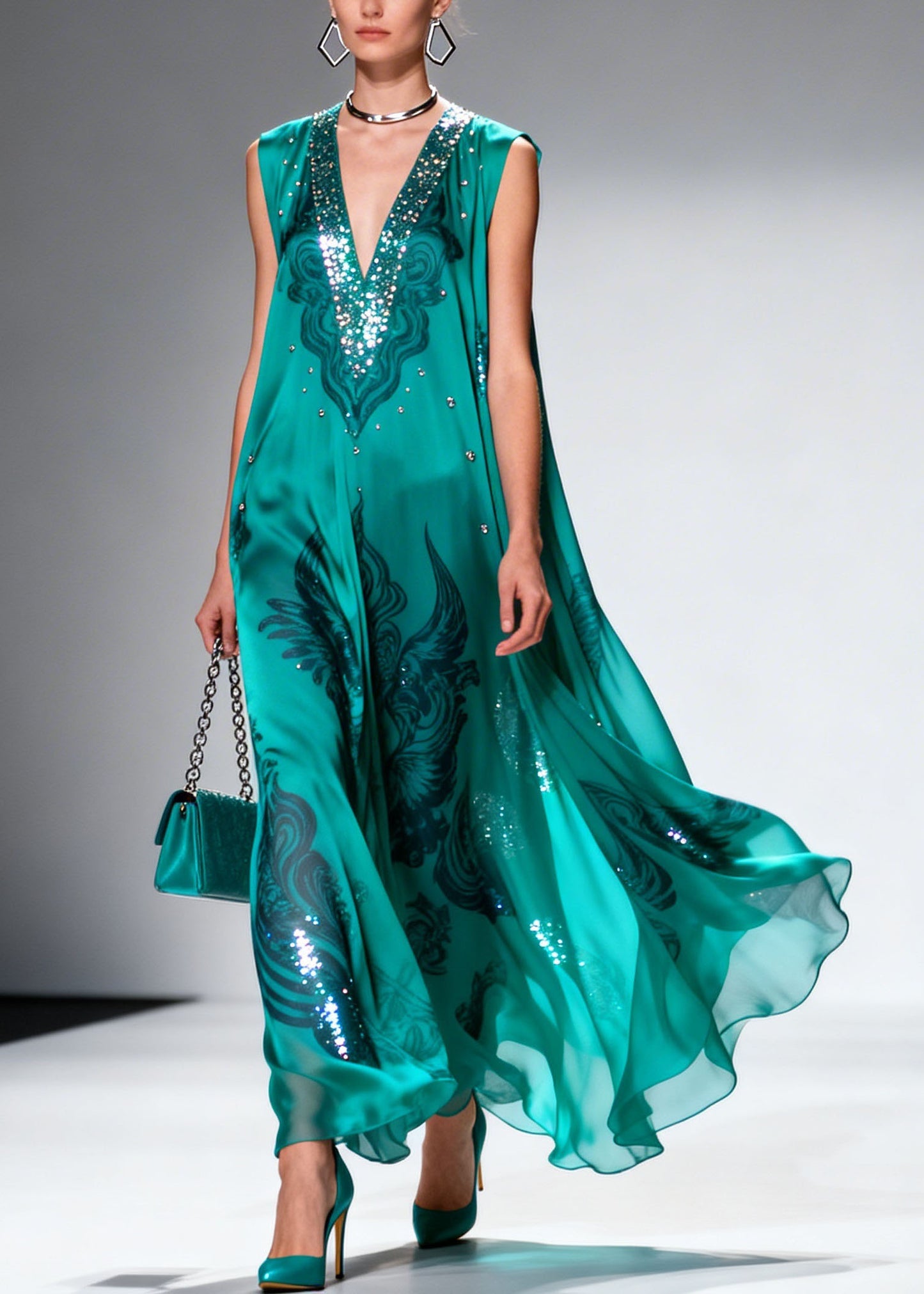 Original Design V Neck Print Zircon Chiffon Long Dress Sleeveless