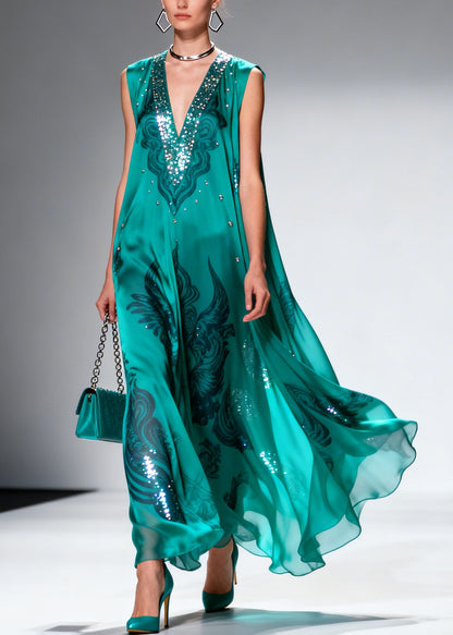 Original Design V Neck Print Zircon Chiffon Long Dress Sleeveless