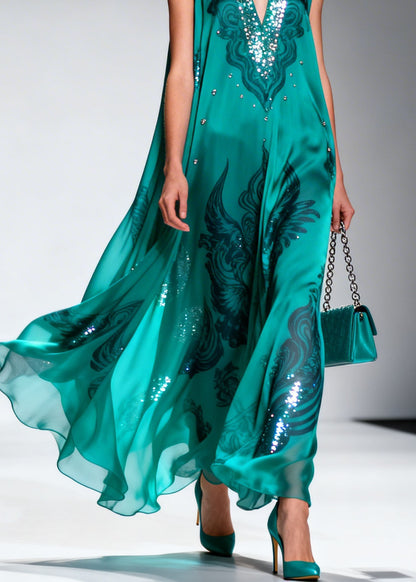 Original Design V Neck Print Zircon Chiffon Long Dress Sleeveless