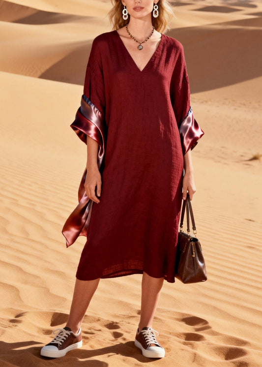 Original Design V Neck Silk Patchwork Linen Dress Summer