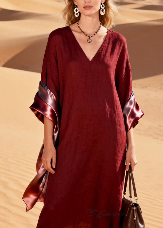 Original Design V Neck Silk Patchwork Linen Dress Summer