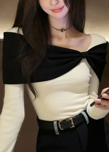 Original Design White Bow Patchwork Knit Sweater Winter