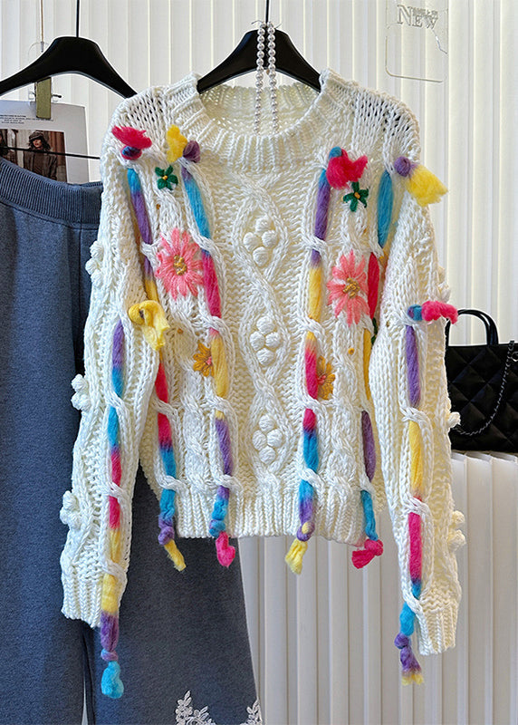 Original Design White Embroidered Cable Knit Sweaters Winter