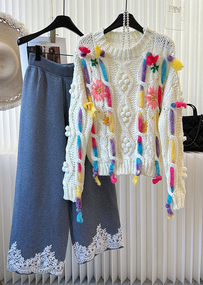 Original Design White Embroidered Cable Knit Sweaters Winter