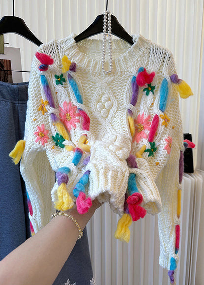 Original Design White Embroidered Cable Knit Sweaters Winter