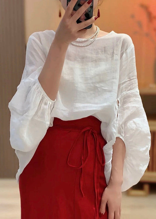 Original Design White O-Neck Solid Linen Shirts Lantern Sleeve
