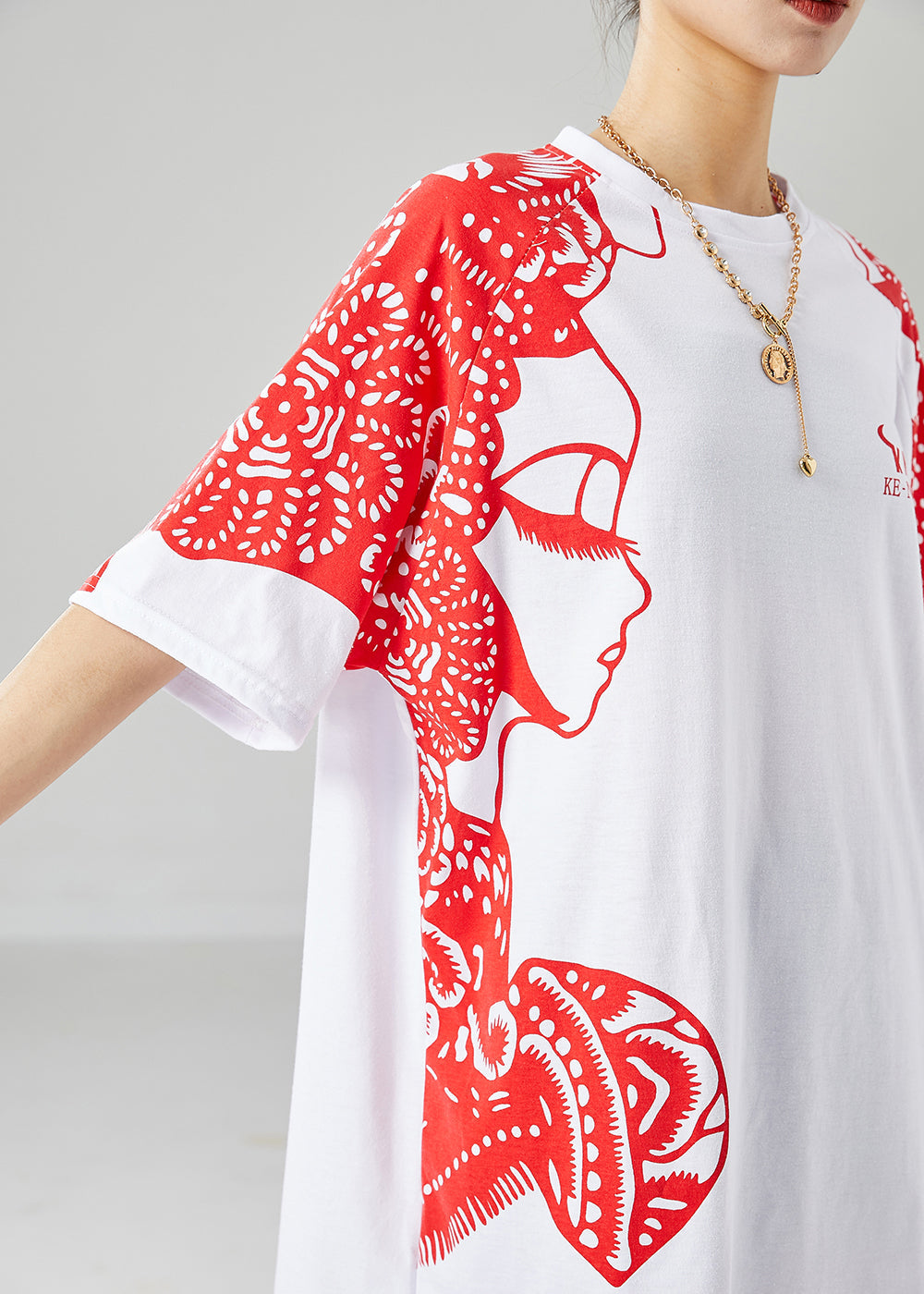 Original Design White Oversized Print Cotton Tops Summer