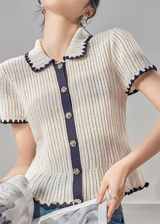 Original Design White Peter Pan Collar Patchwork Knit Top Short Sleeve