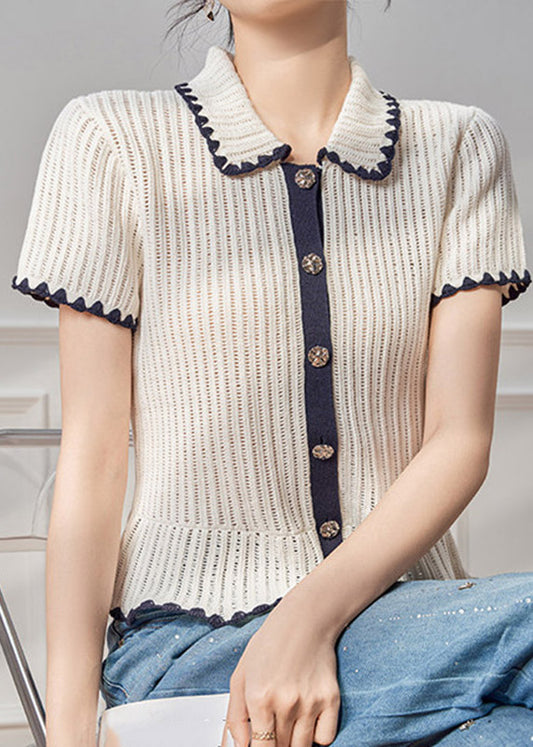 Original Design White Peter Pan Collar Patchwork Knit Top Short Sleeve