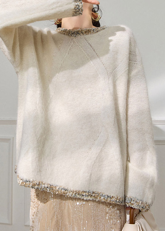 Original Design White Sequins Patchwork Cozy Cotton Knit Sweater Spring